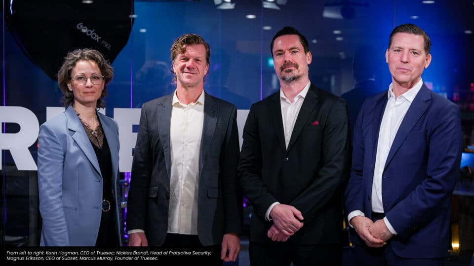 From left to right: Karin Hagman, CEO of Truesec; Nicklas Brandt, Head of Protective Security; Magnus Eriksson, CEO of Subset; Marcus Murray, Founder of Truesec.